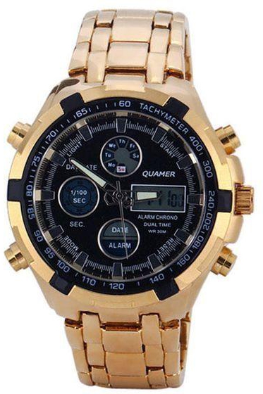 Quamer Executive Analogue And LCD Display Men's Wristwatch - Gold/Black