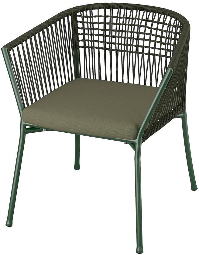 SEGERÖN Chair with armrests, outdoor - dark green/Frösön/Duvholmen dark beige-green