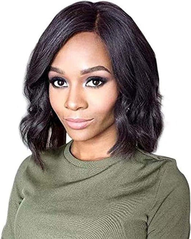 Elegant Short Wavy Black Synthetic Wig With A Black Middle Parting