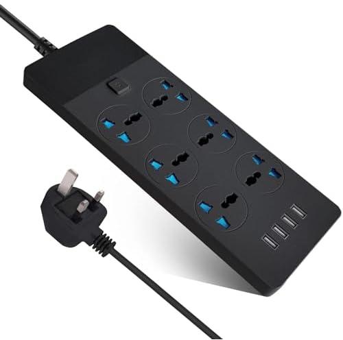 SKY TOUCH SKY-TOUCH Universal Power Strips Extension Cord 6 Outlets, Plug Adapter with 4 USB Ports Surge Protector, Charging Socket with 2M Bold Extension Cord (Black)