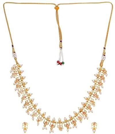 VOYLLA Apsara Floral Motifs Pearls Jewellery Set, One Size, Brass, No Gemstone