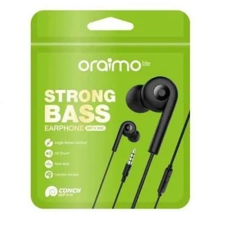 Oraimo Pure Bass Stereo Earphones/Free Rubber Buds Oraimo strong bass earphones are designed to generate a pure bass that is deep and powerful.
