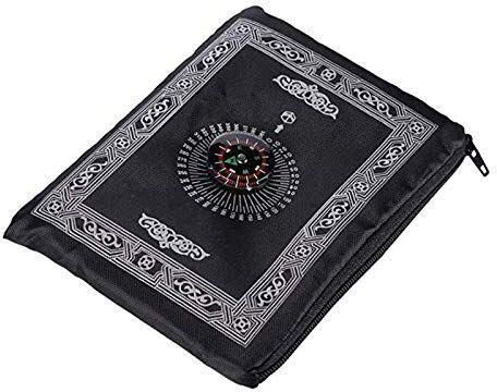 Portable Muslim Prayer Rug with Pocket Size Compass, Black