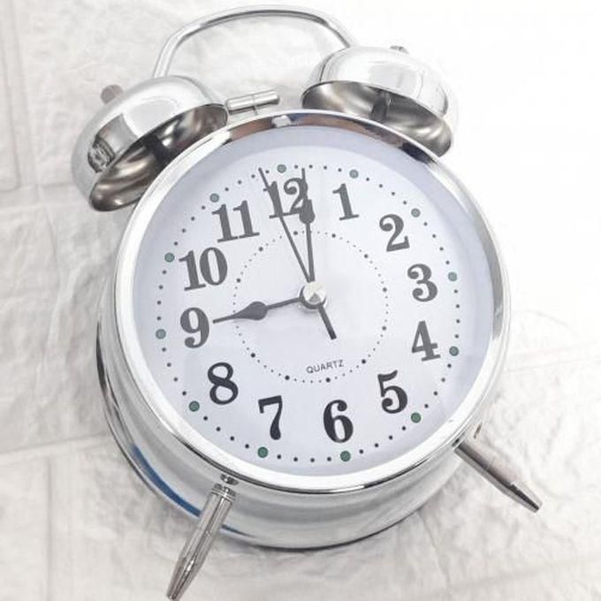 Double Bell Table Alarm Clock With Student LED Night Light For Kids Bedroom. Silver