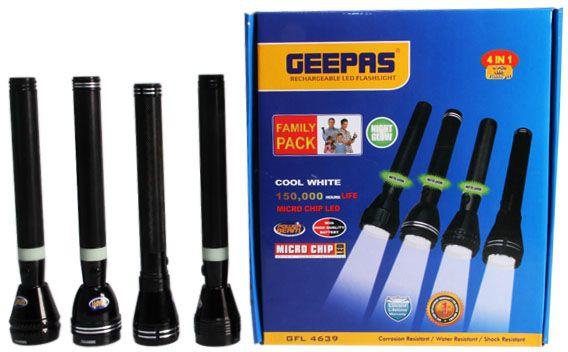 Geepas 4 in 1 Rechargeable Black Flash Light, GFL4639