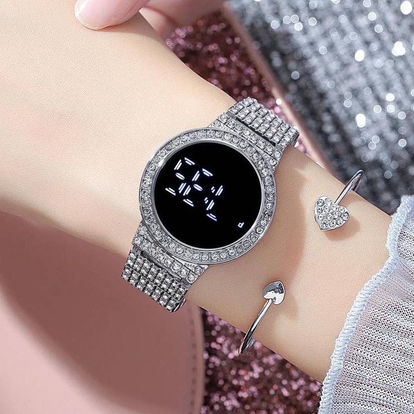 Trendy New Luxury Inlaid Diamonds Stainless Steel Band Led Touch Screen Women's Electronic Watches Shiny Crystal Bands Digital Dial Ladies Girls Students Fashion Watches + Luxury G