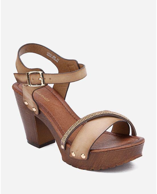 Spring Leather Chunky Heels Sandals - Beige