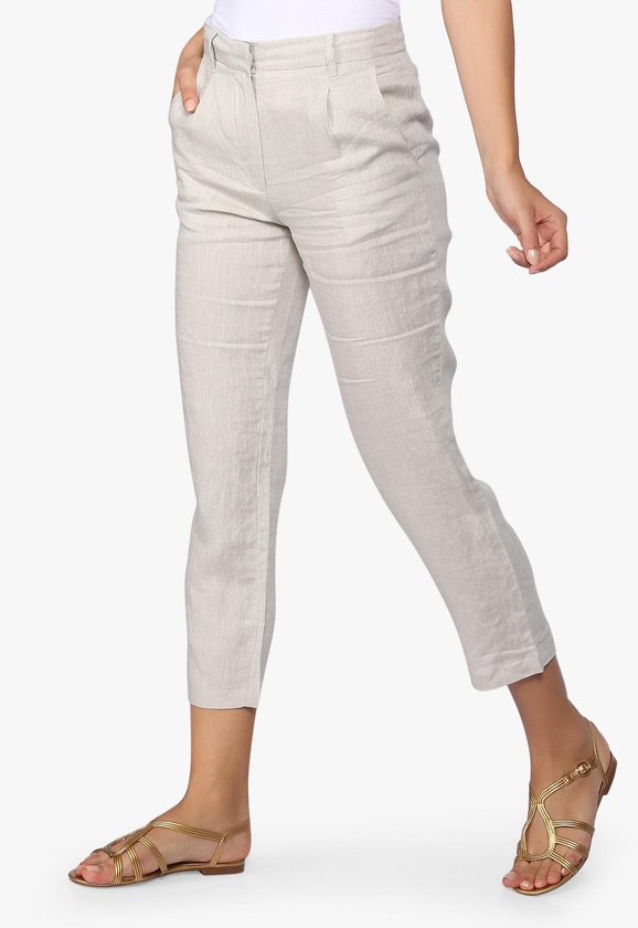 Sand Cropped Linen-Blend Trousers