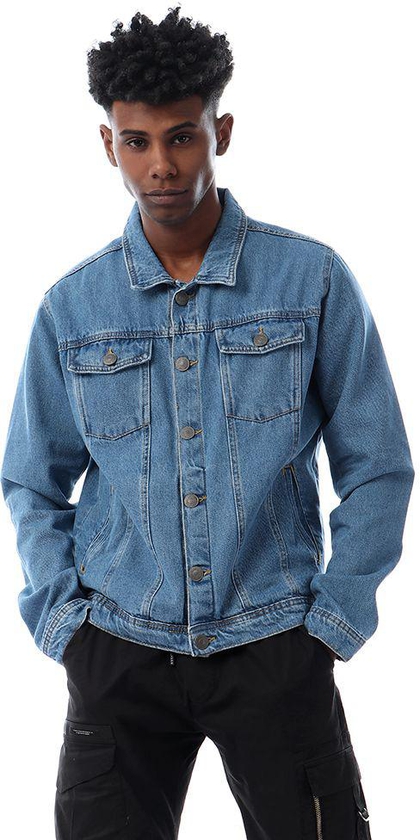 Ravin Flap-Pockets Button Down Stitched Jeans Jacket for Men - Blue, S