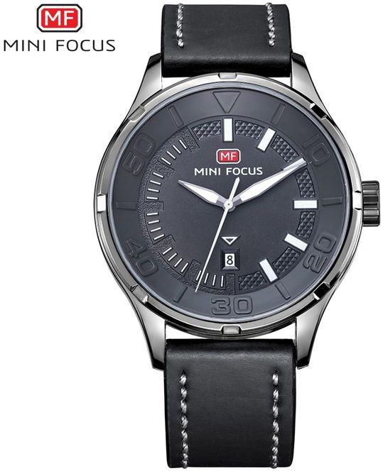 Mini Focus MF0008 Leather Watch - For Men - Black/Silver