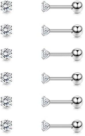 CASSIECA 6 Pairs 18G Cartilage Earring Stud for Women Men 316L Surgical Steel Screw Back Earrings Set, Round CZ Barbell Stud Earrings for Cartilage Tragus Helix Piercing Jewelry