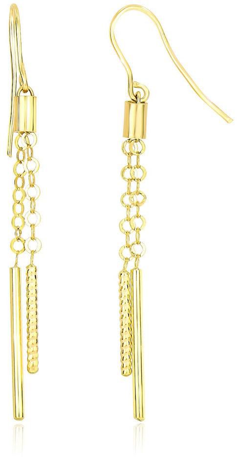 14k Yellow Gold Double Strand Cylinder and Chain Drop Style Earrings-rx85565