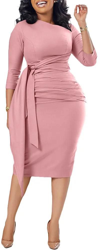 Women Business Bandage Midi Dress 3/4 Sleeve Cut Out Neck Solid Color Bodycon Dresses