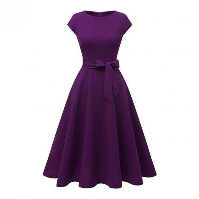 Style Addiction Belted Cup Sleeves Swing Dress - Purple