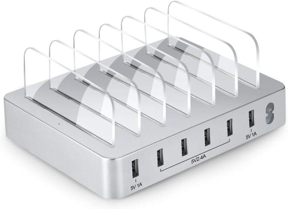 6-Port USB Charging Station Dock,Fast Charge Docking Station for Multiple Devices - Multi Device Charger Organizer - Compatible with Apple iPad iPhone and Android Cell Phone and Tablet-Sliver