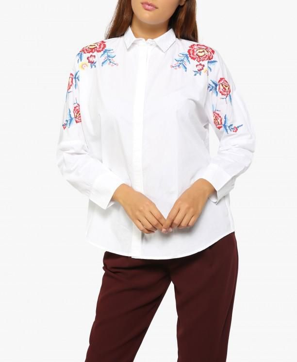 White Floral Embroidered Shirt
