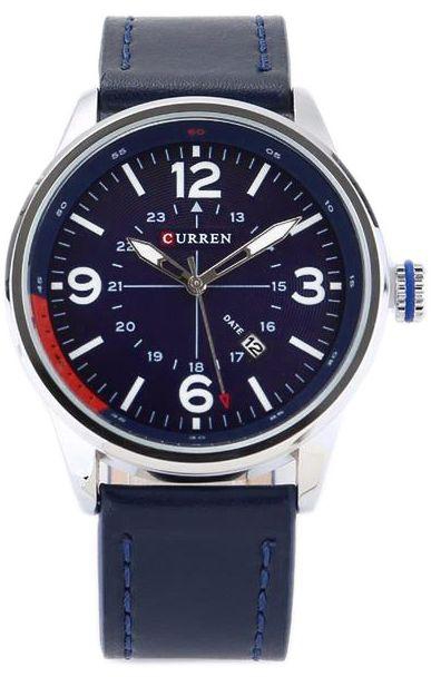 Curren Casual Man Watches With Leather Strap And Silver Color Case With Blue Color Dial Curren-8215