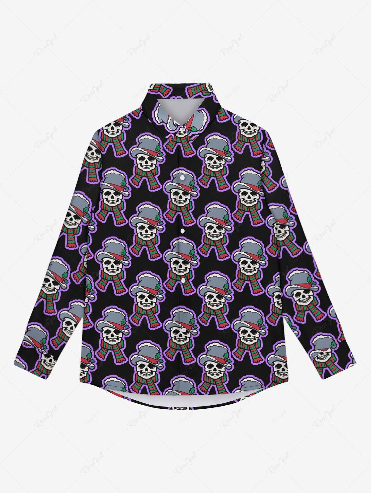 Gothic Christmas Hat Scarf Skull Print Buttons Shirt For Men - 3xl