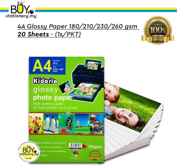 Kidorio A4 Glossy Photo Paper 180/210/230/260 gsm 20 Sheets - (1s/PKT)