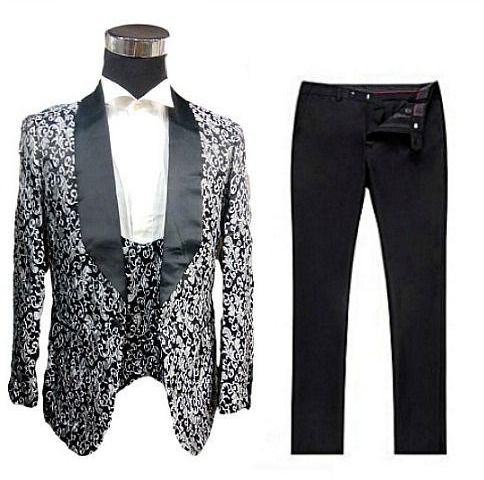 Classic Black And White Flower Patterned 3 Piece Tuxedo Suit With Plain Black Trouser