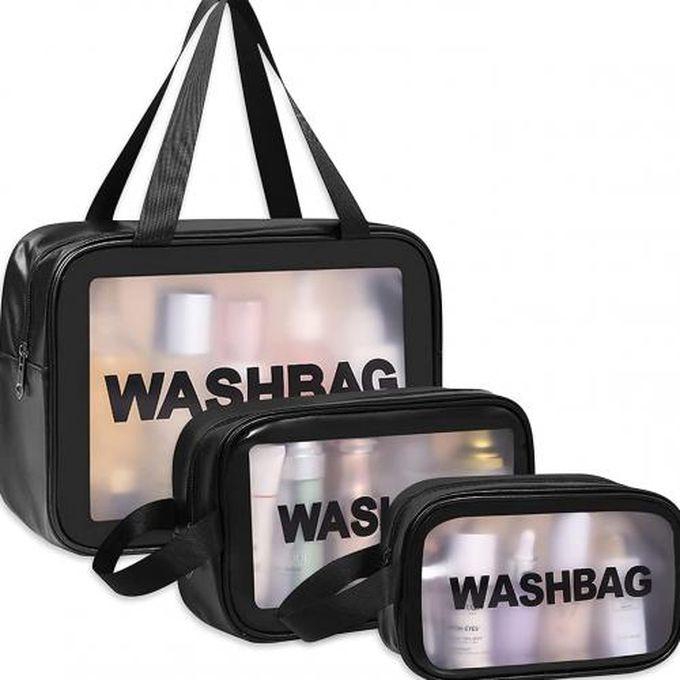حقيبة أدوات الزينة للسفر للنساء والرجال - شفافة، مقاومة للماء، 3 عبوات باللون الأسود.
