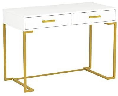Tribesigns Computer Desk with Drawers, White and Gold Writing Desk Desk with 2 Drawers, Simple and Modern White Desk (White/Gold)