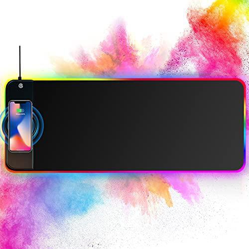 RGB Wireless Charger Mouse Pad 31.5" x 11.8" x 0.16" 10W Office Desktop Qi Fast Wireless Charging Non-Slip Rubber Base for Samsung Galaxy S10/S9/S8 Plus Note 9/8 iPhone 8/X/XR/XS/11/11 Pro-Black
