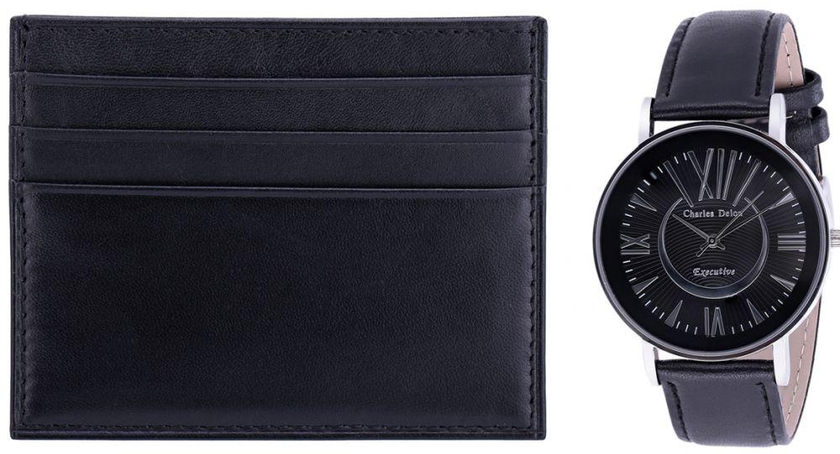 Charles Delon Executive Men's Black Dial Leather Band Watch & Wallet Set - 5740G GIBB