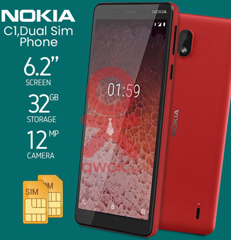 Nokia C1, 16GB+1GB RAM, Dual Sim With 1 Year Warranty, Red