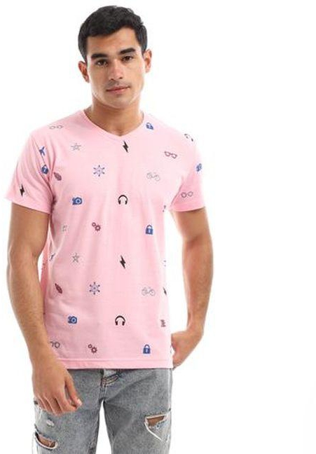 Andora Printed V-Neck Short Sleeves Casual Tee - Pink