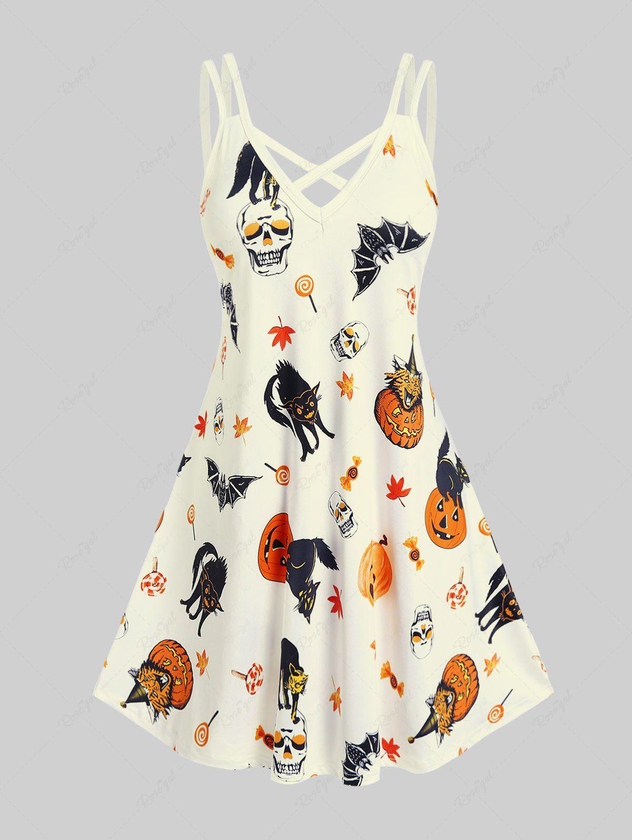 Halloween Pumpkins Skulls Cat Printed Crisscross Sleeveless A Line Dress - 5x | Us 30-32