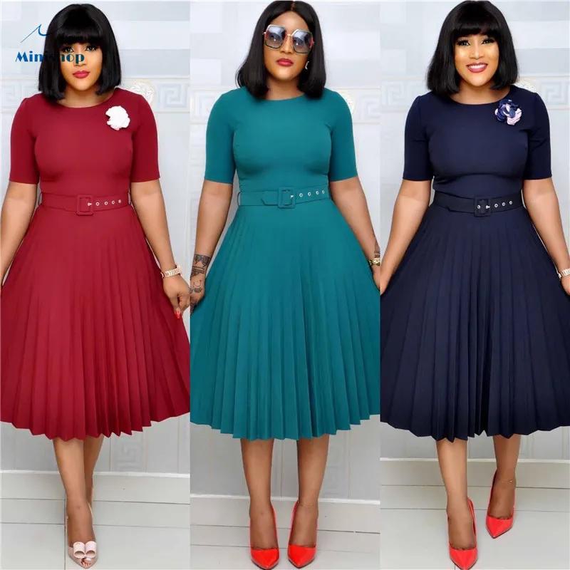 Women New Fashion African Pleated Dress with Belt  short sleeves Round Neck A-line Elegant Skirt