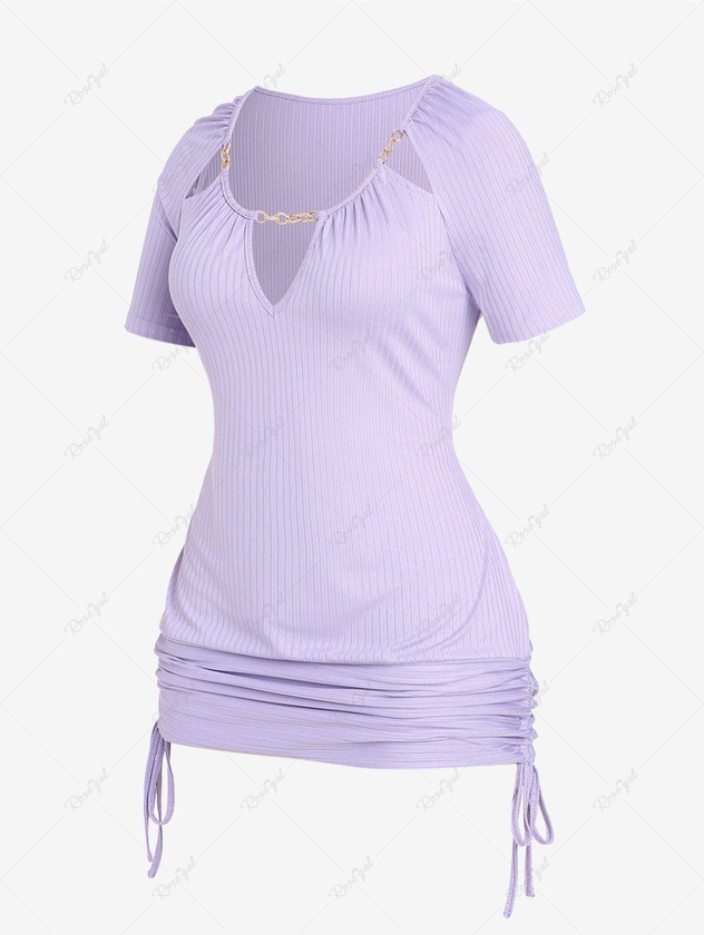 Plus Size Keyhole Ribbed Cutout Chains Cinched Raglan Sleeves Tee - 4x | Us 26-28
