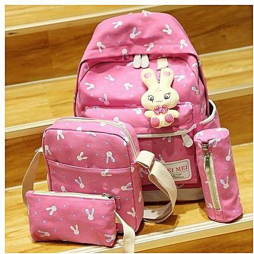 Duoya 4 Sets Women Girl Rabbit Animals Travel Backpack School Bag Shoulder Bag Handbag-Hot Pink