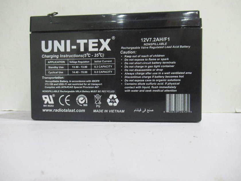 Uni Tex 12V7.2AH/F1 Rechargeable Valve Regulated Lead Acid Battery 12 Volt 7.2 Amp