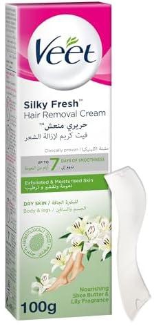 Veet Silky Fresh Hair Removal Cream Body & Legs for Dry Skin, Nourishing Shea Butter & Lily Fragrance – 100g
