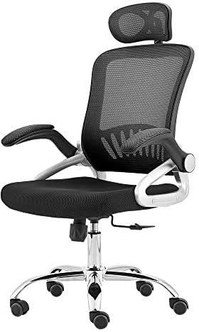 Ergonomic High-Back Mesh Office Chair, with Flip-Up armrest and Adjustable Headrest, Lumbar Support and PU Wheels Swivel Adjustable Mesh Computer Chair （Black）