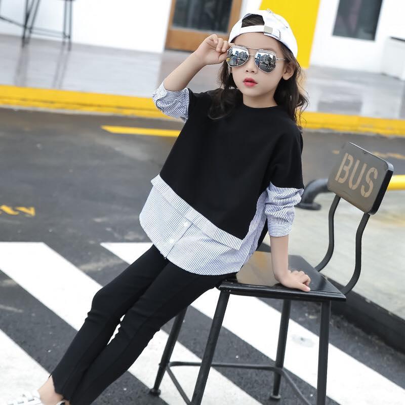 Girls Long Sleeve Shirt Striped Blouse 4-12Y - 6 Sizes (Black - White)