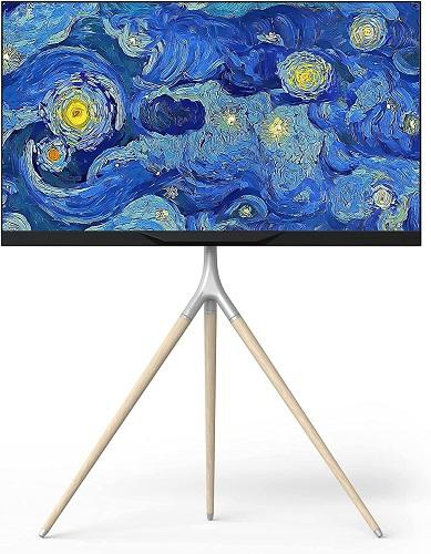 ONKRON Artistic Easel Tripod TV Stand for 32 for 32– 65 Inch LED LCD OLED Screen TVs  up to 77 lbs - Beech Wooden Floor TV Stand - Adjustable Corner TV Mount with Swivel - Universal TV Legs (TS1220) White