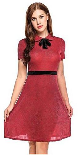 Sunweb Peter Pan Collar Bow Short Sleeve Glitter Cocktail Party A-Line Dress ( Red )
