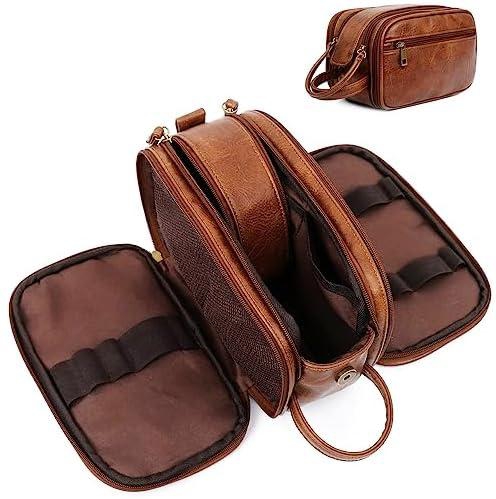 PawPawU Toiletry Bag, PU Leather Travel Dopp Kit for Men, Double Zipper Bathroom Shaving Pouch to Keep Your Grooming Essentials Organized