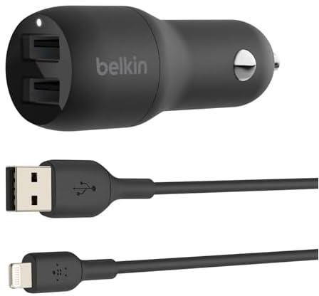 Belkin Dual USB Car Charger 24W + Lightning Cable (Boost Charge Dual Port Car Charger, 2-Port USB Car Charger) iPhone Car Charger, iPad Car Charger, AirPods Car Charger