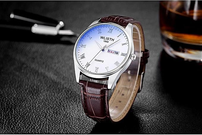Generic Hot Stuff Men's Leather Watch Luminous Waterproof Blue Glass Quartz Watch-white