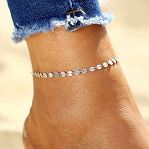 Fashband Boho Sequins Anklets Layered Gold Silver Anklet Bracelet Summer Beach Barefoot Chain Jewelry for Women and Girls (Silver)