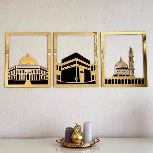 لوحة فنية جدارية اسلامية للمسجد الاقصى والمسجد الحرام والمسجد النبوي من ايوا كونسيبت، ديكور حائط من الاكريليك الخشبي بتصميم الكعبة| ديكور لرمضان | هدية بطابع اسلامي (حجم L، ذهبي، 3 لوحات)