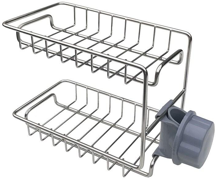 Decdeal - 2-Layer Faucet Rack Stainless Steel Hollow Ventilation Drainage Free Punching Kitchen Sink Storage Rack