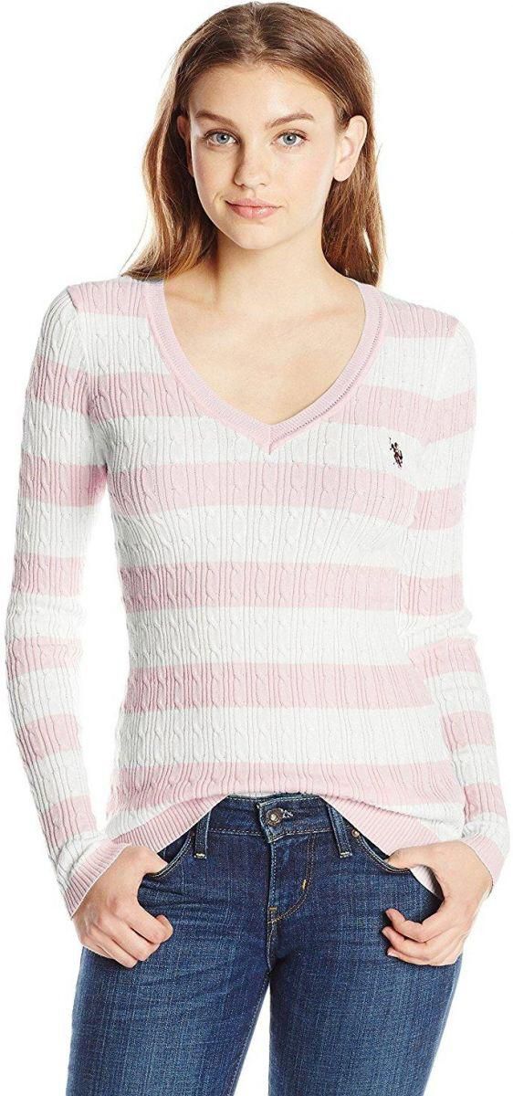 U.S. Polo Assn. Pink Cotton V Neck Pullover Top For Women
