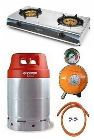 Cepsa Gas Cylinder 12.5kg + Gas Cooker, Amcool Metered Regulator, Hose & Clips - Red Cap