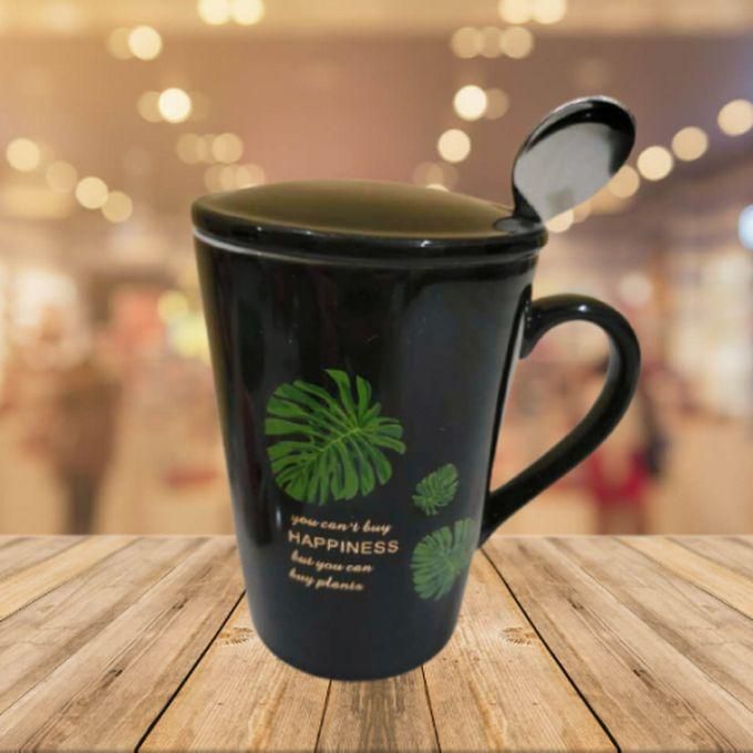Ceramic Black Cup,Mug With Cover&spoon Valentine Gift - 350ml