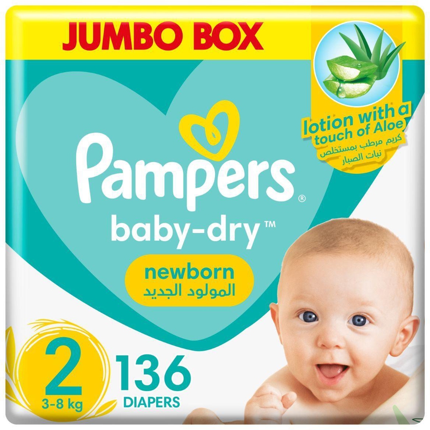 Pampers, Baby-Dry Newborn Taped Diapers, With Aloe Vera Lotion, Up To 100% Leakage Protection, Size 2, 3-8Kg , Jumbo Pack - 136 Pcs